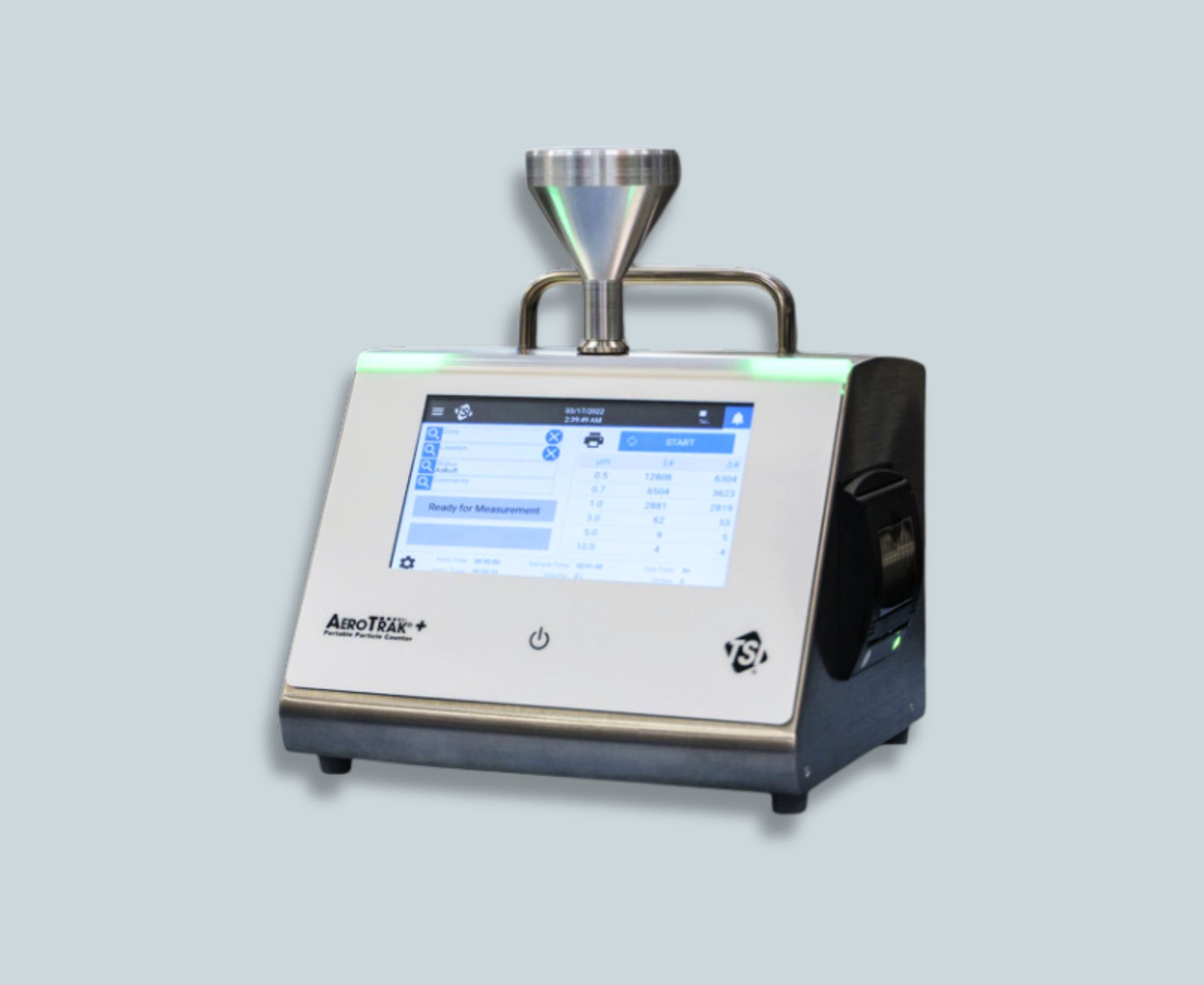 TSI AeroTrak+ A100 tragbarer Partikelzähler mit Touchscreen und Probenahmesonde in Seitenansicht